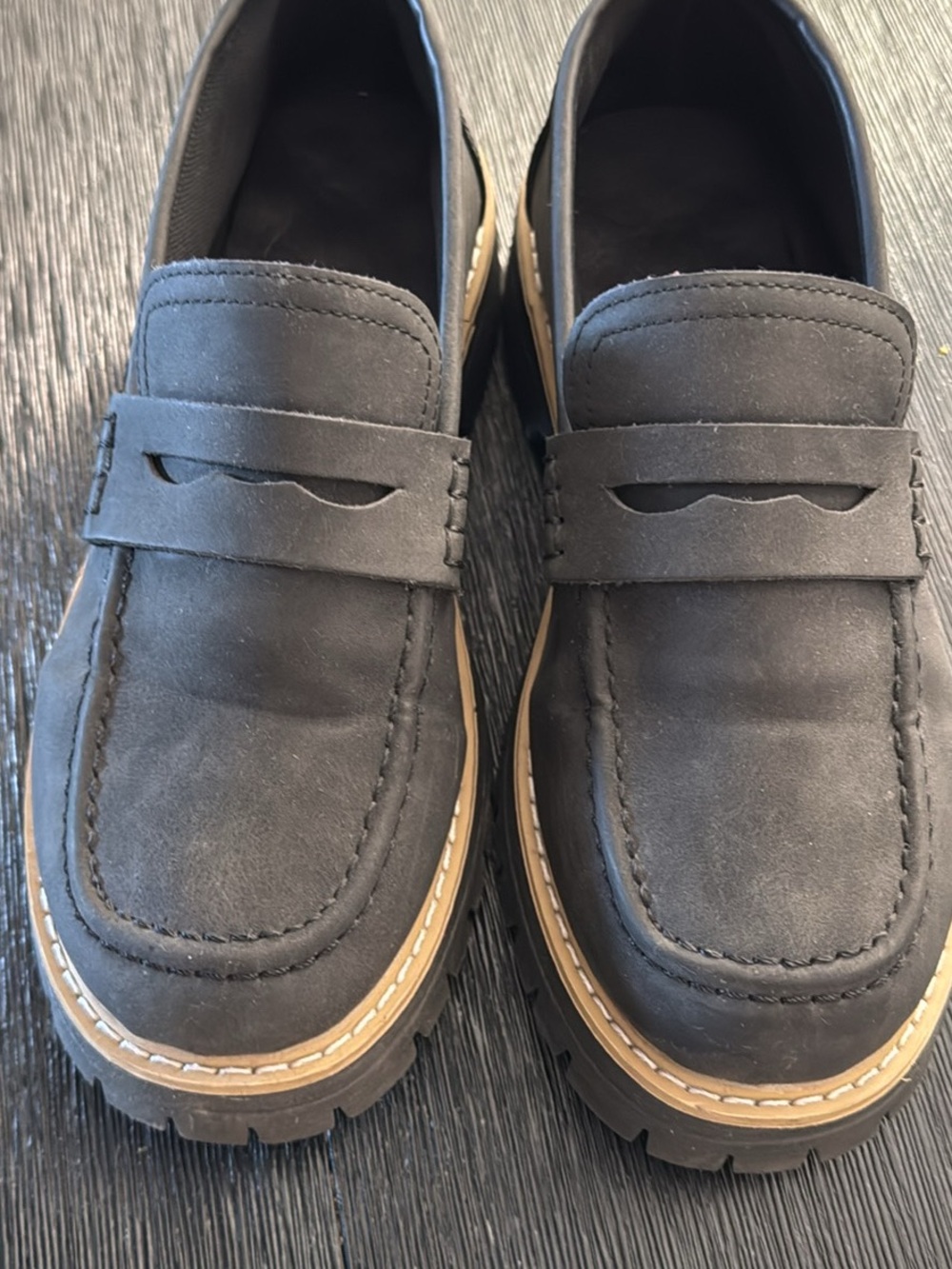 Men's Black Nubuck Penny Loafers with Tan Outsole